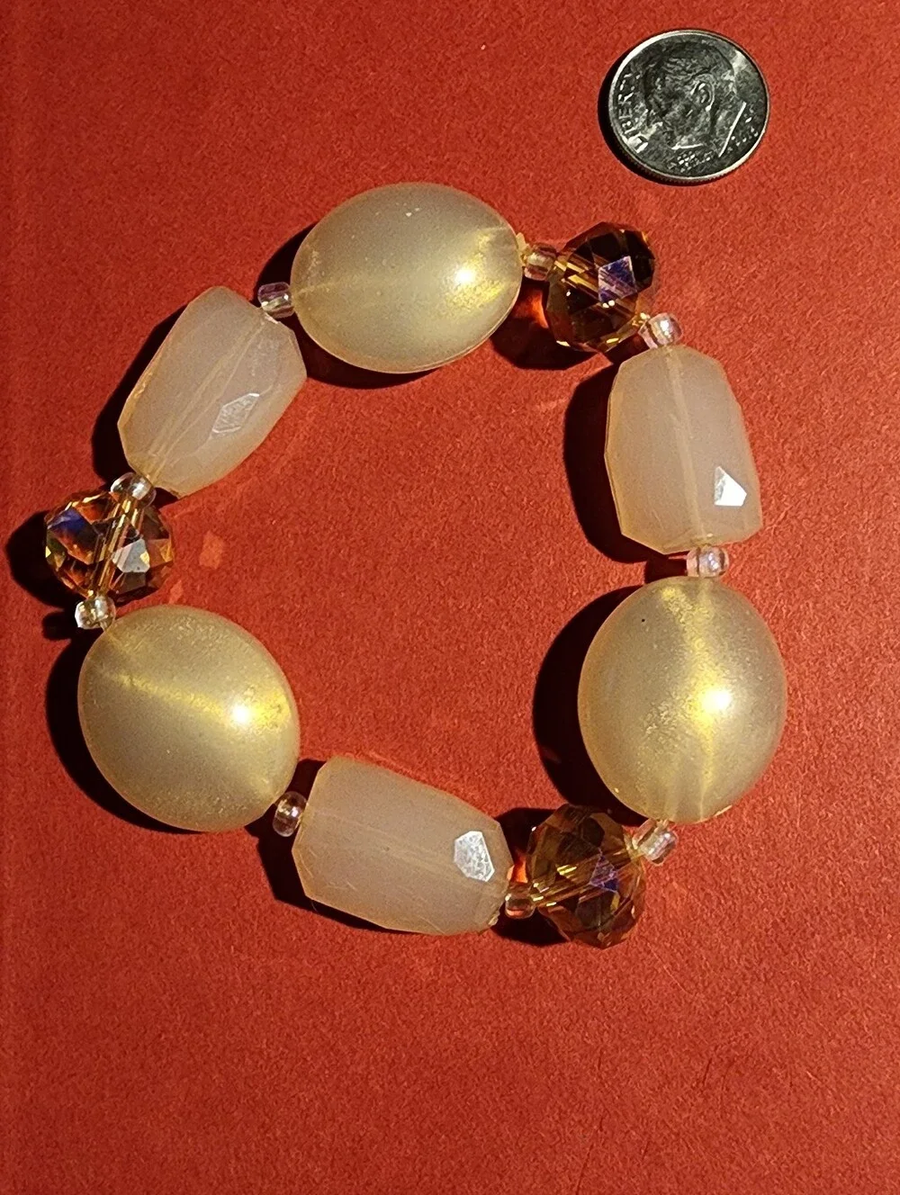 Funky And Fun Retro Bracelet With Amber, Faux Crystal, And Pearlescent Beads
